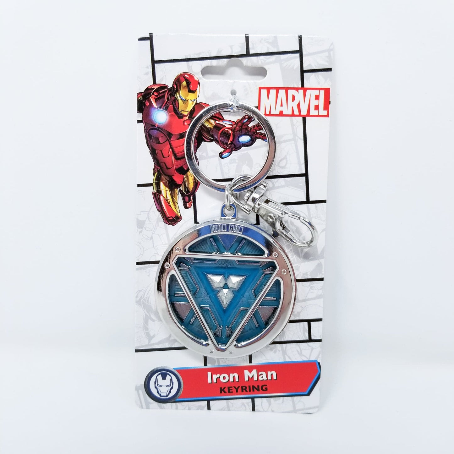 Iron Man Glow-In-The-Dark Pewter Arc Reactor Keychain. In Celebration of Tony Stark’s Iron Man as seen in the Marvel Studios Avengers films, this oversize pewter Arc Reactor glow-in-the-dark metal keychain features the Arc Reactor powering Tony’s chest and power suit in Iron Man 3. 2 inches across & nearly 1/2 inch thick! Features “Iron Man” logo on the back Includes stainless steel keyring and clip Blue Glow-in-the-Dark effect! Carry your own Proof that Tony Stark Has a Heart