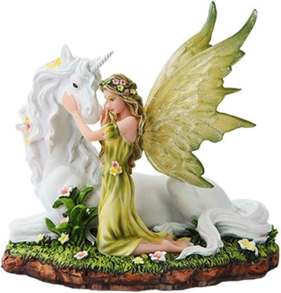 Green Winged Fairy with Magical Unicorn Fantasy Statue