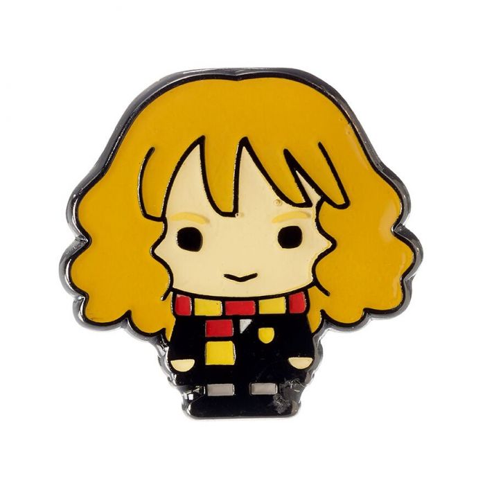 Hermione Granger Badge Pin This Harry Potter Pin Badge has been created using the official style guide from Warner Bros. Enamel Pin Details: Around .75" tall and .5" wide (20mm x 16mm) Beautiful colors protected by a high-gloss finish Enamel pin arrives on a printed Harry Potter card backer Quality metal badge pin with butterfly clutch backing