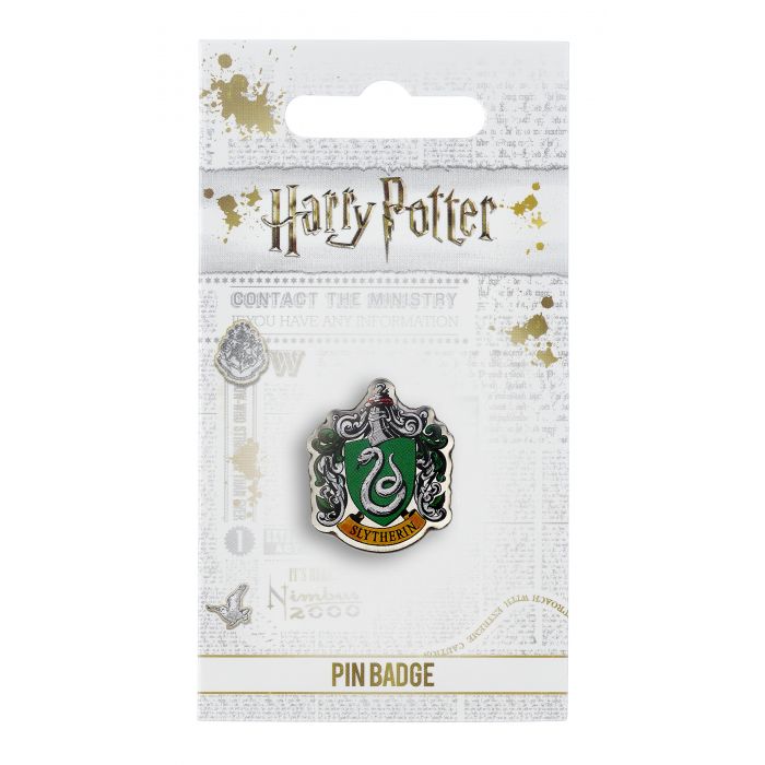Slytherin House Shield Crest Pin Badge The Crest of the famous Hogwarts House, founded by Salazar Slytherin This Harry Potter Pin Badge has been created using the official style guide from Warner Bros. Enamel Pin Details: Around .75" tall and .5" wide (20mm x 16mm) Beautiful colors protected by a high-gloss finish Enamel pin arrives on a printed Harry Potter card backer Quality metal badge pin with butterfly clutch backing