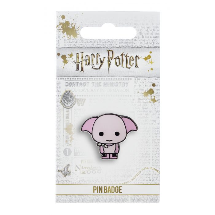 Dobby the House Elf Pin Badge This Harry Potter Pin Badge has been created using the official style guide from Warner Bros. Enamel Pin Details: Around .75" tall and .5" wide (20mm x 16mm) Beautiful colors protected by a high-gloss finish Set arrives on a printed Harry Potter card backer Quality metal badge pin with butterfly clutch backing