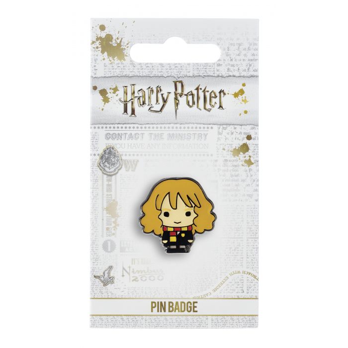 Hermione Granger Badge Pin This Harry Potter Pin Badge has been created using the official style guide from Warner Bros. Enamel Pin Details: Around .75" tall and .5" wide (20mm x 16mm) Beautiful colors protected by a high-gloss finish Enamel pin arrives on a printed Harry Potter card backer Quality metal badge pin with butterfly clutch backing