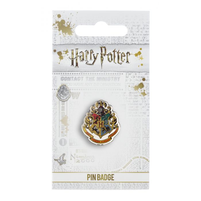 Official Harry Potter Hogwarts Crest Pin Badge The Crest of the famous School of Witchcraft and Wizardry This Harry Potter Pin Badge has been created using the official style guide from Warner Bros. Enamel Pin Details: Around .75" tall and .5" wide (20mm x 16mm) Beautiful colors protected by a high-gloss finish Enamel pin arrives on a printed Harry Potter card backer Quality metal badge pin with butterfly clutch backing