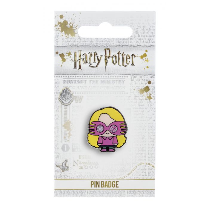 Luna Lovegood Pin Badge This Harry Potter Pin Badge has been created using the official style guide from Warner Bros. Enamel Pin Details: Around .75" tall and .5" wide (20mm x 16mm) Beautiful colors protected by a high-gloss finish Enamel pin arrives on a printed Harry Potter card backer Quality metal badge pin with butterfly clutch backing