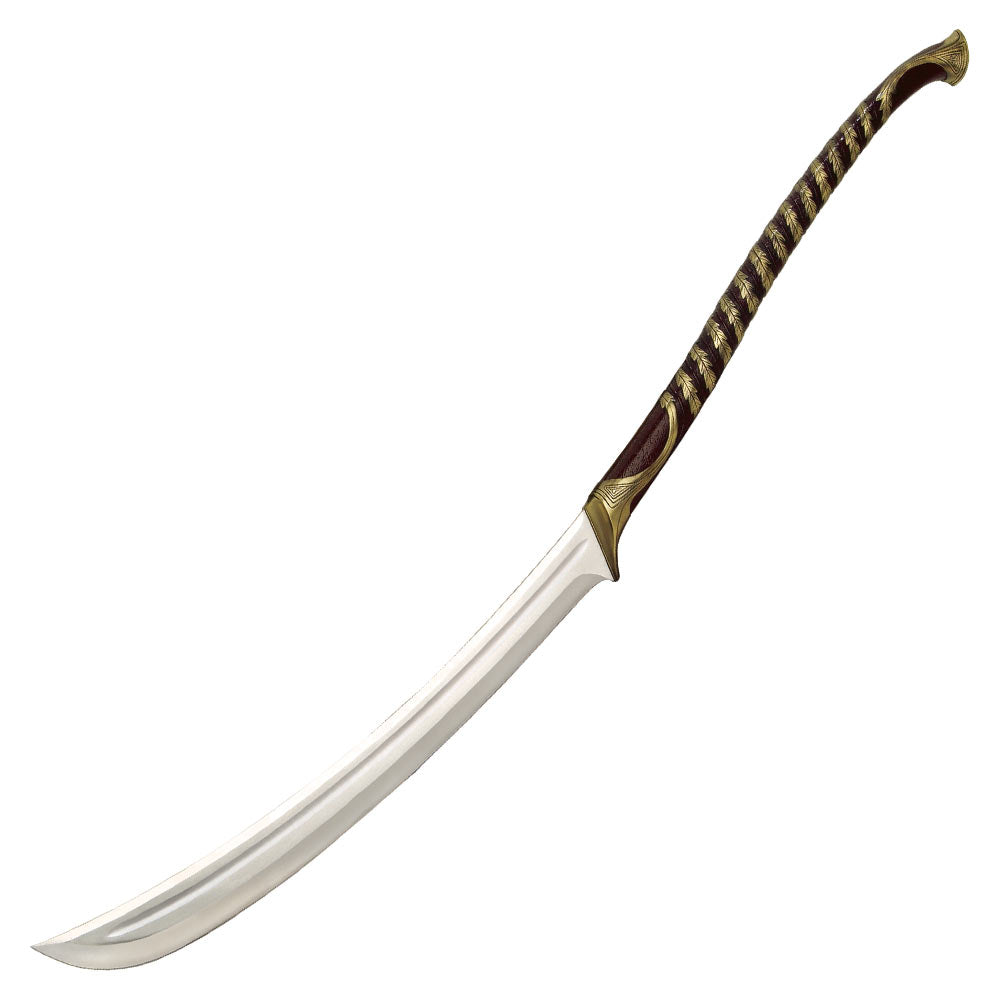 This officially licensed and superb quality reproduction item is an exact replica of the High Elven warrior sword that appears in the opening battle sequence of The Lord of the Rings movie trilogy. Measuring 49 3/4" overall, this elegant and deadly sword features a 24" tempered, 420 stainless steel, false edged blade. The precision cast metal handle offers a si