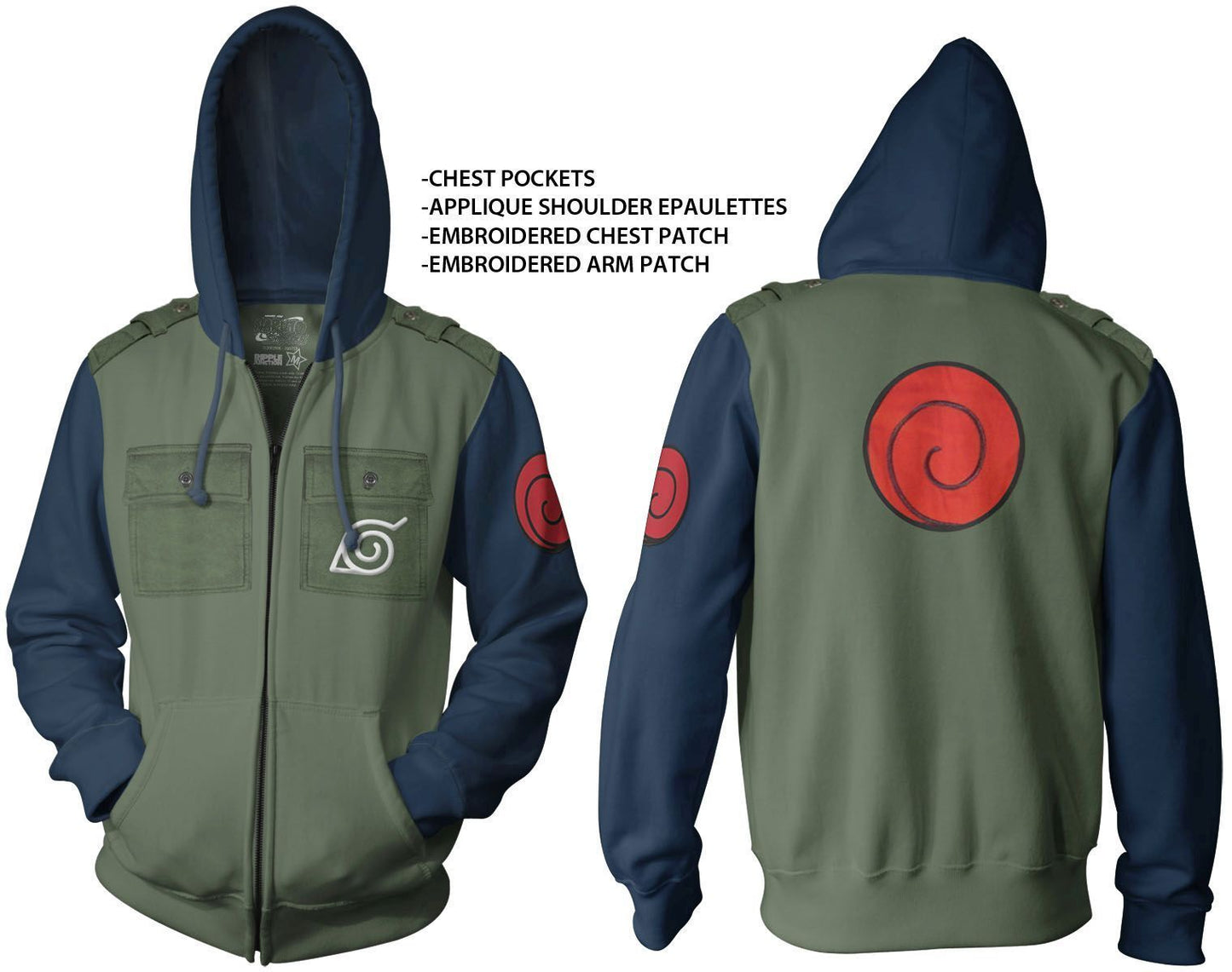 Officially Licensed Naruto Shippuden Military Style Kakashi Hoodie — a cozy zipper sweatshirt with incredible detail work including the Leaf Village emblem and the red swirl Uzumaki Clan Symbol. Officially Licensed 60/40% Cotton Polyester Machine washable