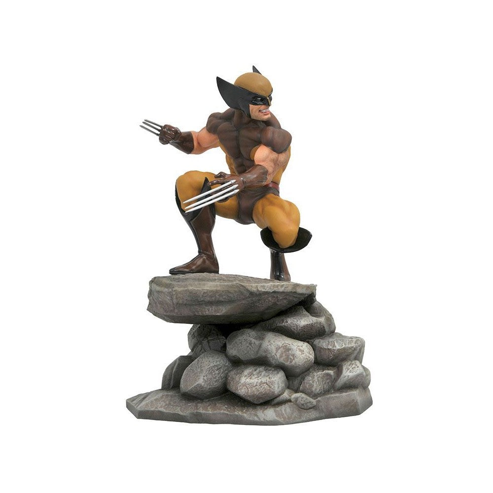 The X-Men's resident berserker joins the Marvel Gallery line of PVC dioramas! This 9-inch scale sculpture of Wolverine shows the hero in his classic brown costume, perched on a rock formation with claws extended, ready to tear into an opponent. Featuring detailed sculpting and collectible-quality paint applications, this sculpture comes packaged in a full-color window box.