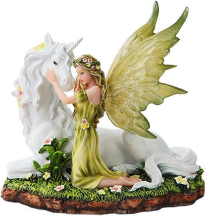 Green Winged Fairy with Magical Unicorn Fantasy Statue