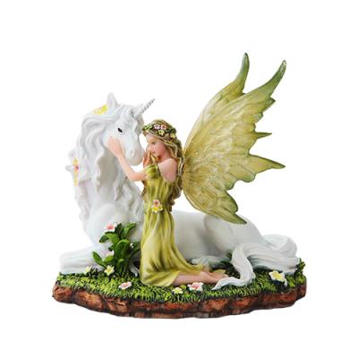 Green Winged Fairy with Magical Unicorn Fantasy Statue