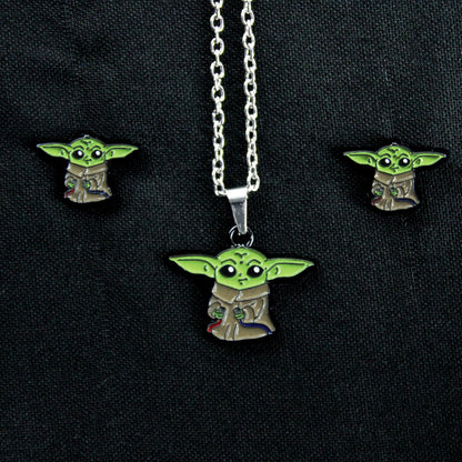 Grogu (Red & Blue Wires) Baby Yoda Necklace & Earring Set