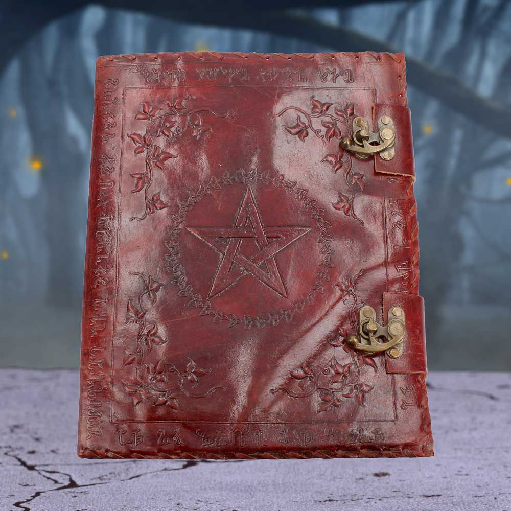 Large Book of Shadow Lockable Red Leather Notebook With Embossed Floral Pentagram