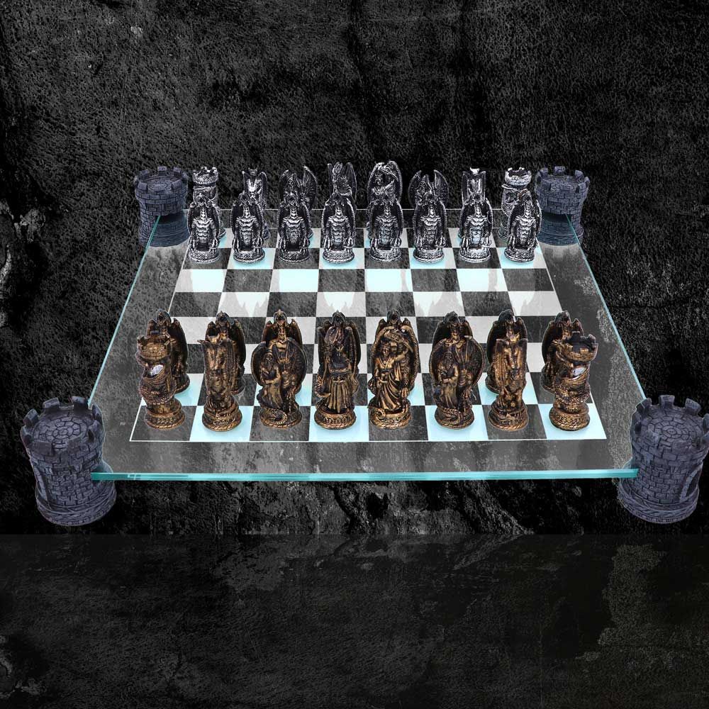 Raised Fantasy Kingdom Of The Dragon Chess Set With Corner Towers