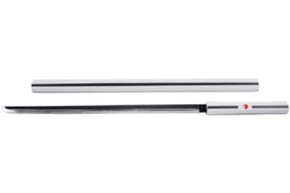 This steel replica sword Naruto Shippuden. In the Naruto manga, its hilt is portrayed as white in color with a black stripe. A matching sheath is included with this replica blade.   In the series, this sword is wielded by Sasuke Uchiha. Sasuke is the sole surviving member of the Uchiha Clan.å