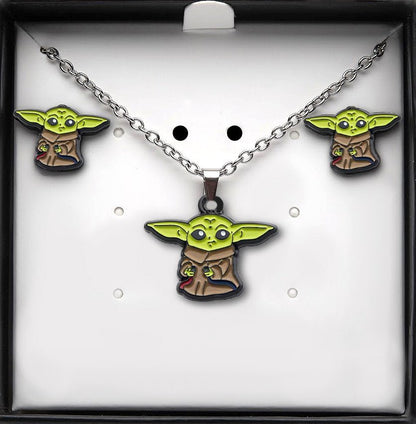 Grogu (Red & Blue Wires) Baby Yoda Necklace & Earring Set
