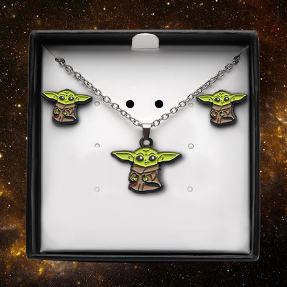 Grogu (Red & Blue Wires) Baby Yoda Necklace & Earring Set
